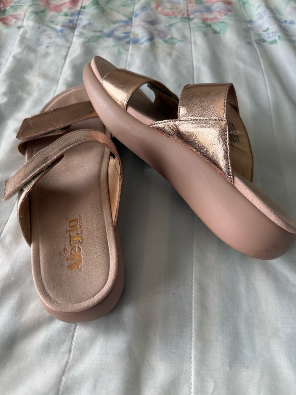 Alegria Rose Gold Metallic Double-Strap Slide platform Sandals
